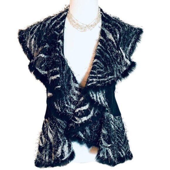 Alberto Makali Women's Animal Print Cardigan/Vest with Rabbit Fur Trim - Size M - Picture 1 of 17